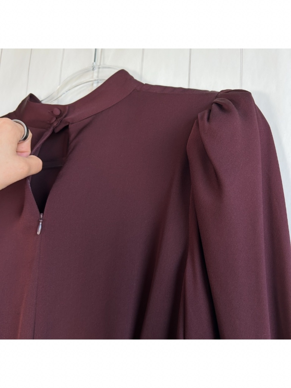 Frame size L long sleeve keyhole blouse 100% silk burgundy smocked high neck - Picture 9 of 12